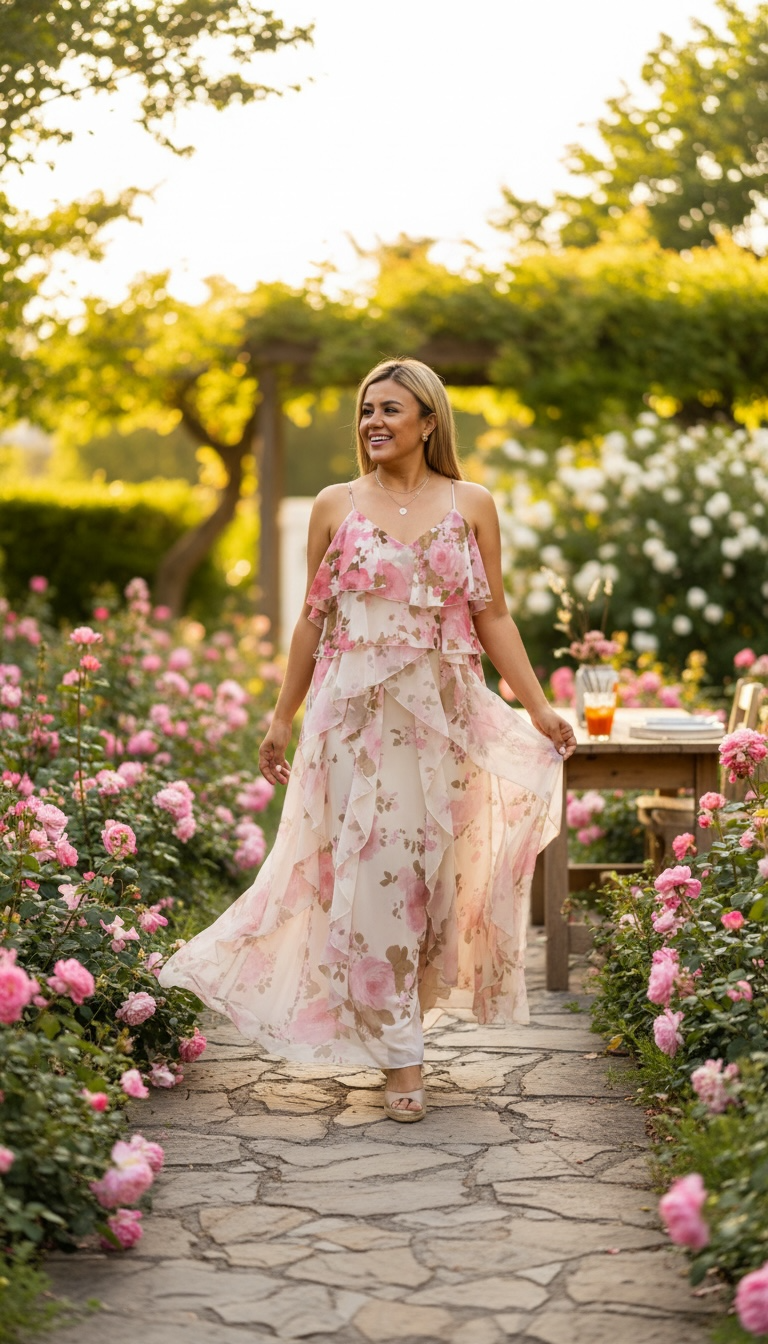 Vestido de Gasa en Olanes de Tirantes, Estampado Rosa Floral